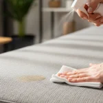 صورة توضيحية لـ تنظيف الأرائك من البقع باستخدام بخاخ متخصص وقطعة قماش. تظهر الصورة طريقة فعالة لـ إزالة بقع الأثاث، مما يعكس أهمية العناية المنزلية والحفاظ على جمال الأريكة.