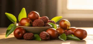 مشهد طبيعي يجمع بين العناب الطازج والعناب المجفف في وعاء خشبي صغير، يوضح عملية تجفيف العناب.