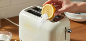 صورة تظهر طرق إزالة اصفرار الأجهزة الكهربائية، حيث يتم تنظيف محمصة خبز بيضاء باستخدام الليمون وصودا الخبز لإزالة الاصفرار.