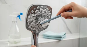 تنظيف رأس دش مسدود من الترسبات الكلسية بفرشاة، مما يظهر أهمية إزالة الرواسب المعدنية لتحسين تدفق الماء في الحمام.