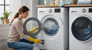 صورة أفقية تظهر سيدة مبتسمة تركع أمام غسالة ملابس حديثة. ترتدي السيدة قفازات مطاطية صفراء وتتجه لتنظيف فلتر الغسالة. على اليمين، توجد غسالة أخرى مشابهة. في الخلفية، تظهر نافذة واسعة تسمح بدخول الضوء، وعلى الرفوف بجانب الغسالة، هناك زجاجات من المنظفات، ومناشف، وبعض النباتات المنزلية الصغيرة. في أعلى الصورة، توجد أيقونات توضيحية بسيطة تمثل نصائح صيانة الغسالة، مثل عدم التحميل الزائد وترك الباب مفتوحًا.