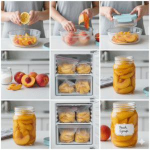 تعرفي على أفضل 5 طرق لتخزين الخوخ الطازج بطريقة صحيحة تحافظ على نكهته وجودته طوال العام، من التبريد إلى التجميد وشراب السكر.