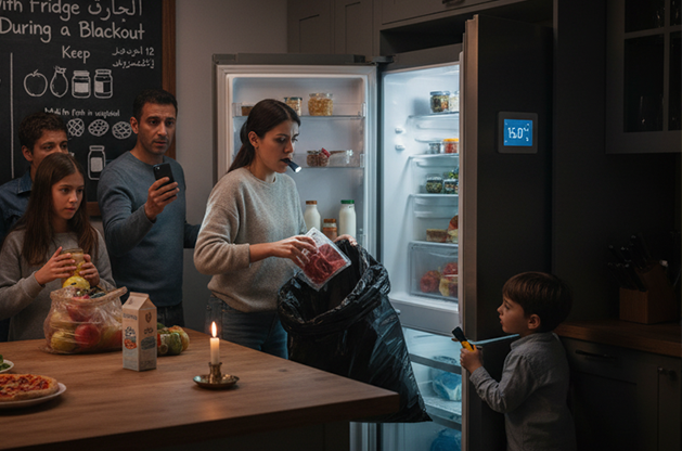 ثلاجة مفتوحة تحتوي على أطعمة متنوعة تُحافظ على برودتها أثناء انقطاع الكهرباء الصيفي.