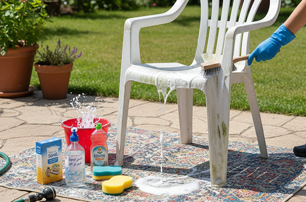 تنظيف الكرسي البلاستيكي الأبيض سهل! اتبع 11 خطوة فعالة بالخل وصودا الخبز لإزالة الأوساخ والعفن واستعادة لمعانه كأنه جديد.