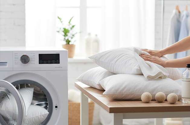 غسل الوسائد ضرورة صحية! تعلم كيف تغسل وسائدك المصنوعة من الريش، الإسفنج الذكي، واللاتكس بأمان في الغسالة أو يدوياً وتجففها بشكل صحيح.