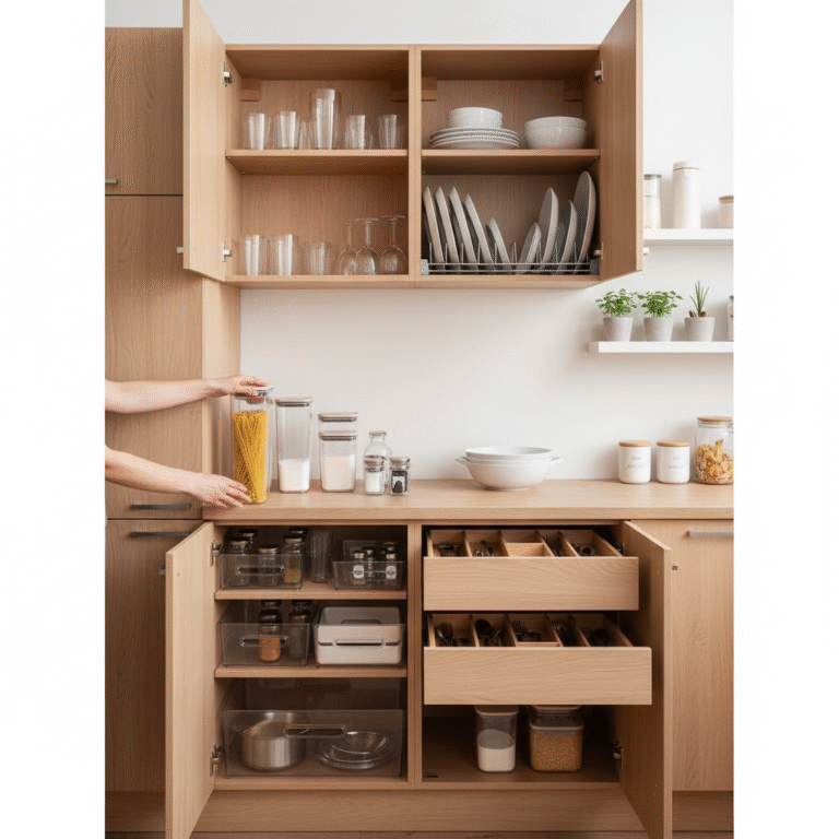 ترتيب خزائن المطبخ أصبح سهلاً! اكتشف 5 نصائح عملية لتنظيم الأدوات واستغلال المساحات للحصول على مطبخ مرتب وعملي.