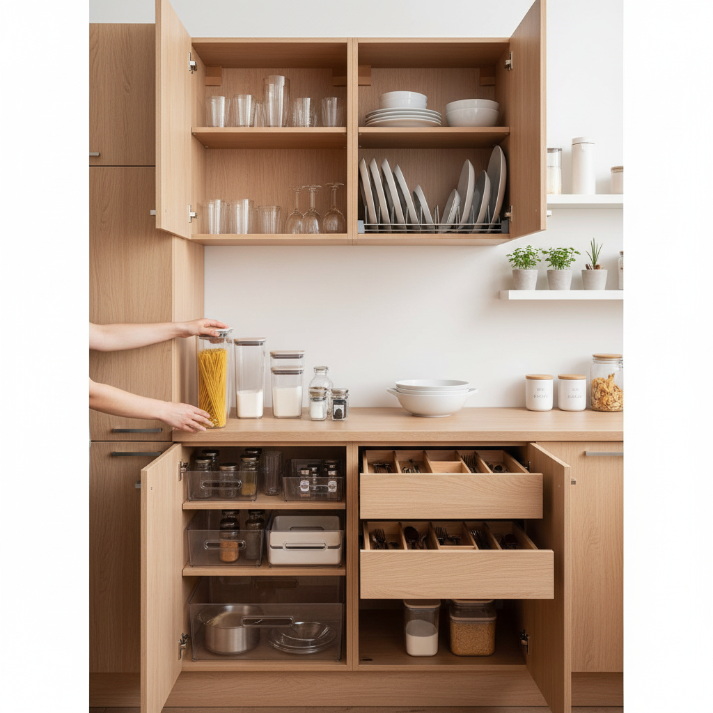ترتيب خزائن المطبخ أصبح سهلاً! اكتشف 5 نصائح عملية لتنظيم الأدوات واستغلال المساحات للحصول على مطبخ مرتب وعملي.